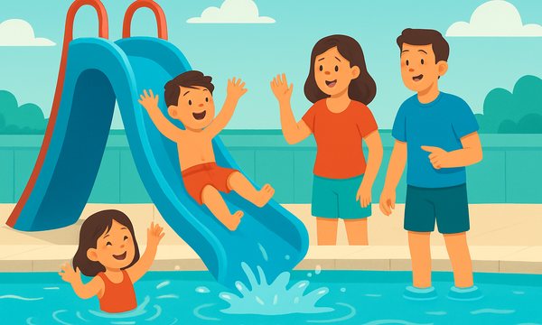 Cartoon illustration: Pool Slide Safety for Kids