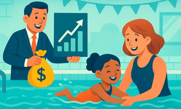 Cartoon illustration: What Private Equity Ownership Means for Your Child's Swim Lessons