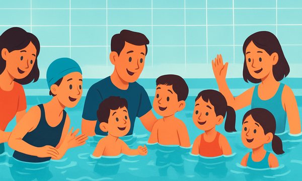Cartoon illustration: Private vs. Group Swim Lessons
