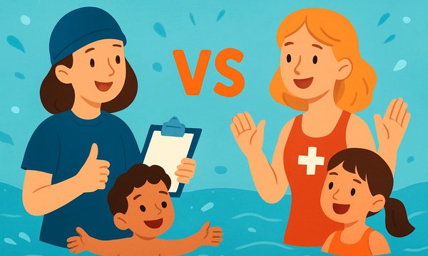 Cartoon illustration: Proprietary Swim Curriculum vs Red Cross WSI