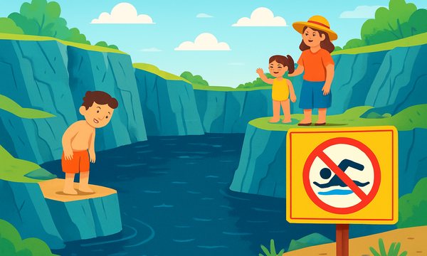 Cartoon illustration: Quarry Swimming Dangers