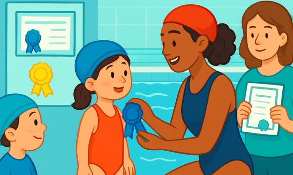 Cartoon illustration: Ribbon Reward Systems in Swim Lessons