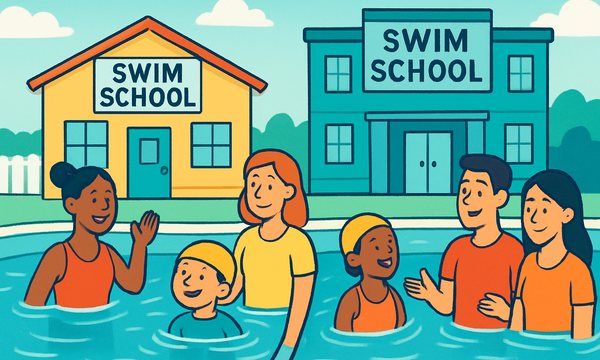 Cartoon illustration: Small Swim School vs. Big Chain