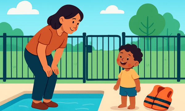 Cartoon illustration: a parent supervising a child beside a fenced backyard pool with a life jacket nearby