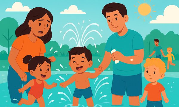 Cartoon illustration: Splash Pad Safety for Toddlers and Kids