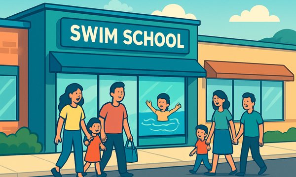 Cartoon illustration: Why Is Your Child's Swim School in a Strip Mall? Facility Types Decoded