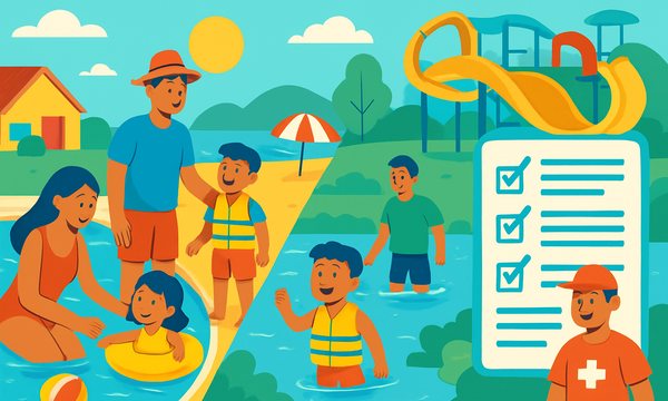 Cartoon illustration: Summer Water Safety Checklist for Families