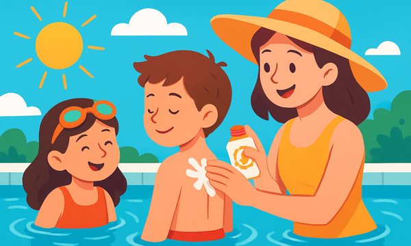 Cartoon illustration: Sun Safety at the Pool
