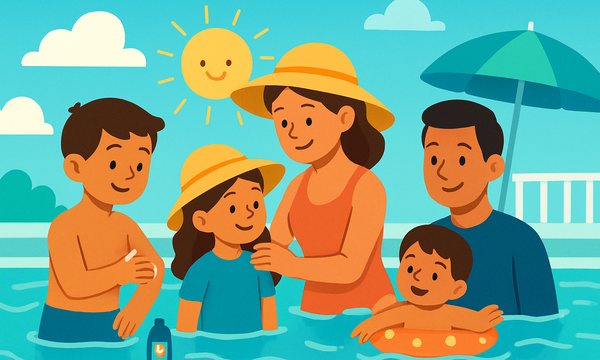 Cartoon illustration: Sunscreen and Sun Protection for Young Swimmers