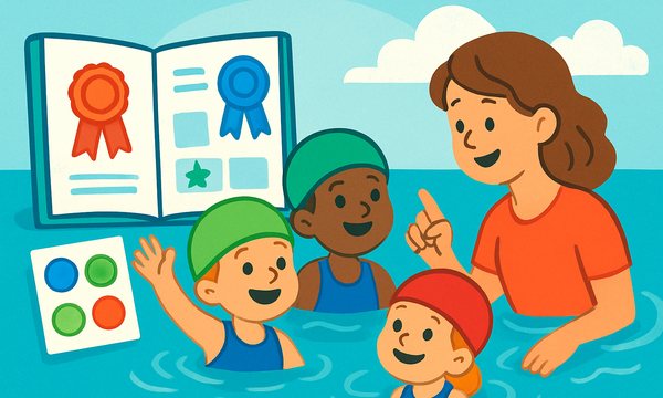 Cartoon illustration: Swim Cap Colors & Progress Books