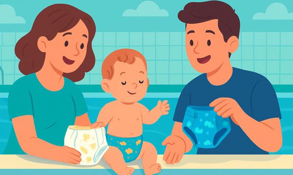 Cartoon illustration: Swim Diapers for Baby Swim Class