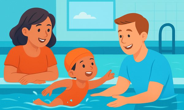 Cartoon illustration: Should Parents Watch Swim Lessons? A Guide to Parent Involvement