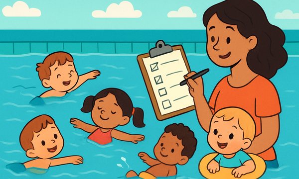 Cartoon illustration: Age-by-Age Swim Milestones Checklist (Free Printable)