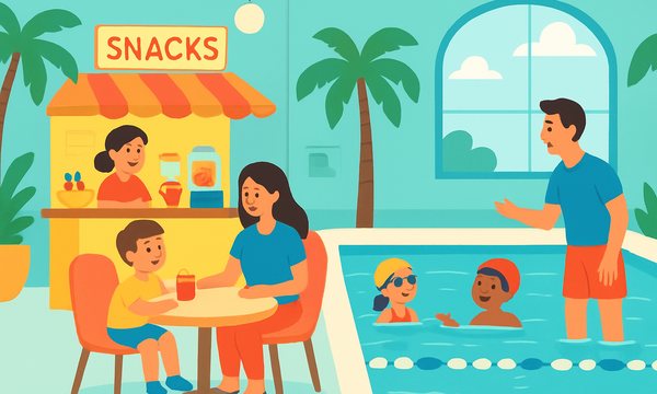 Cartoon illustration: Swim School Amenities vs. Teaching