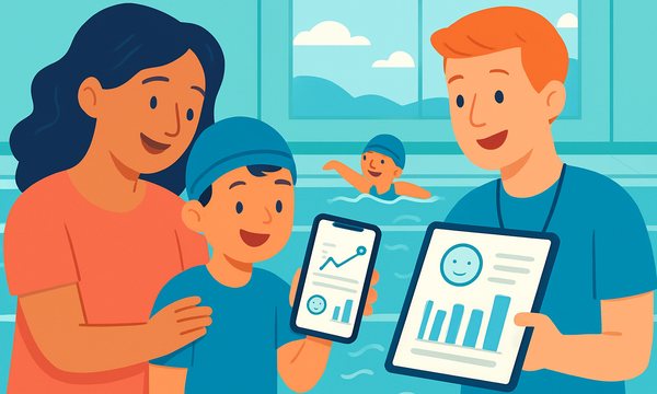 Cartoon illustration: How Swim School Apps Track Your Child's Progress — What Parents Should Know
