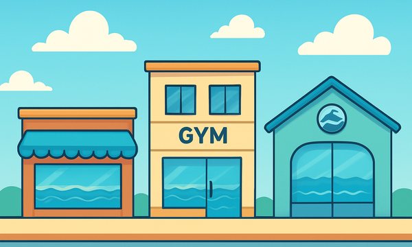 Cartoon illustration: Strip Mall, Gym, or Standalone? Swim School Facility Models Decoded