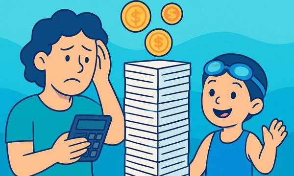 Cartoon illustration: The Swim School Fee Stack: Why "$35 a Week" Really Costs $1,900 a Year