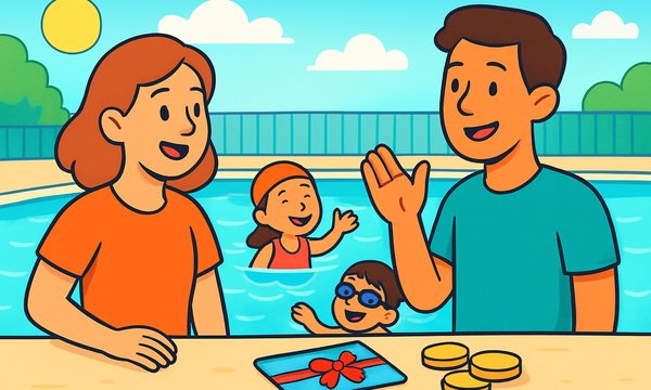 Cartoon illustration: Refer-a-Friend Bonuses, Gift Cards, and the Subscription-ization of Swim School
