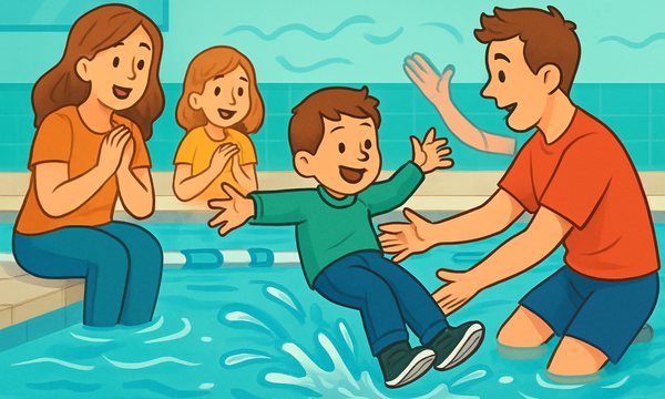 Cartoon illustration: Clothed Survival Tests at Swim Schools