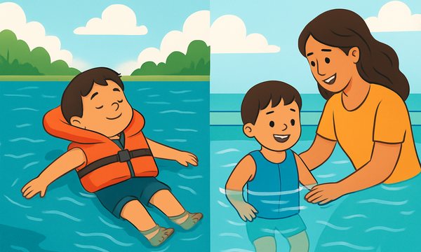 Cartoon illustration: Swim vest vs life jacket