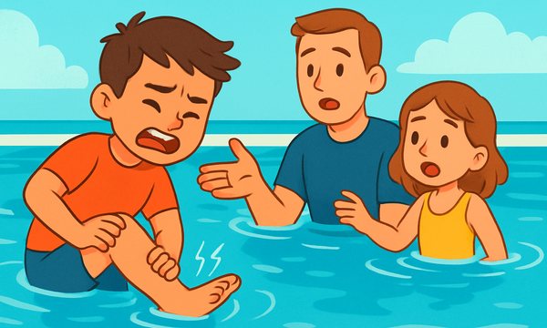 Cartoon illustration: Muscle Cramps While Swimming