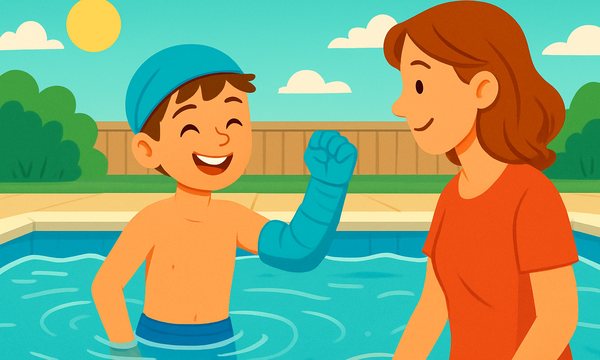 Cartoon illustration: Swimming With a Cast