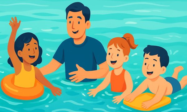Cartoon illustration: Water Safety Games That Teach Kids Life-Saving Skills