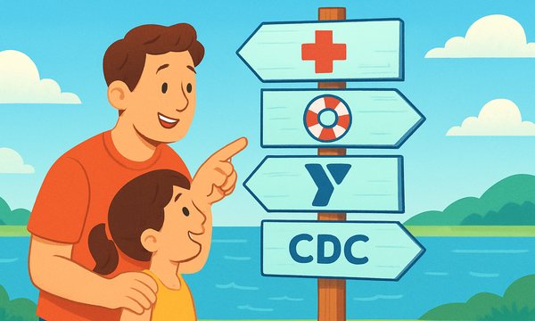 Cartoon illustration: a parent and child reading a signpost of US water safety organizations