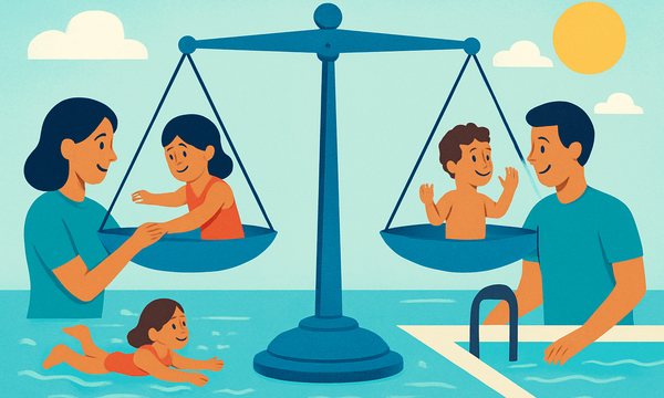 Cartoon illustration: Year-Round vs. Seasonal Swim Lessons