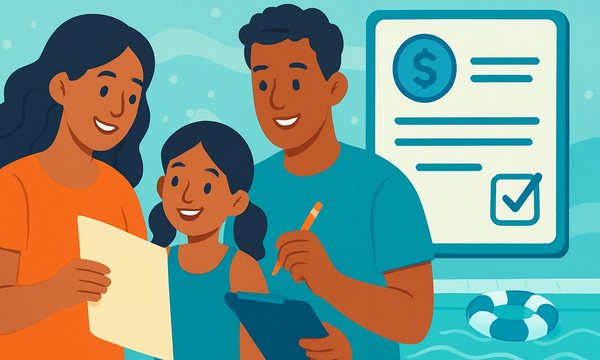 Cartoon illustration: How YMCA Open Doors Financial Assistance Works for Swim Lessons