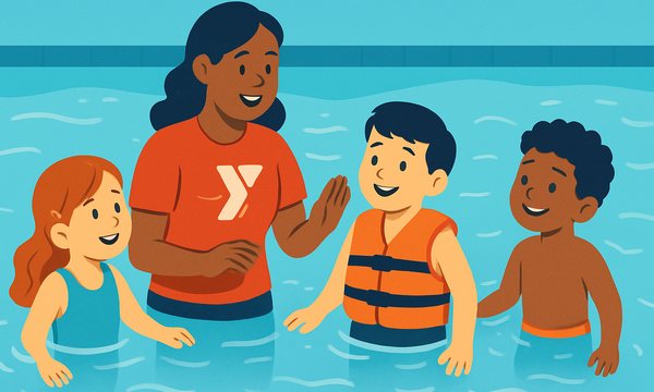 Cartoon illustration: YMCA instructor teaching water safety to children in a pool