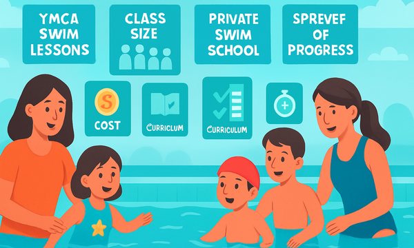 Cartoon illustration: YMCA Swim Lessons vs. Private Swim School
