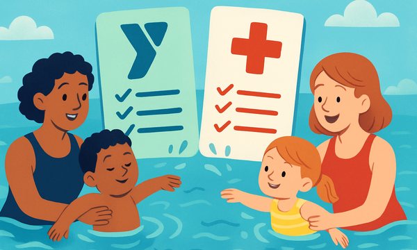 Cartoon illustration: YMCA vs. American Red Cross Learn to Swim