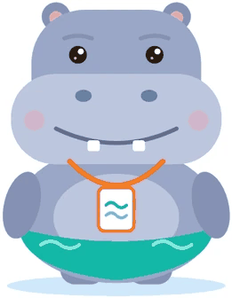 Gus, a hippo in teal swim trunks wearing a Water Watcher tag