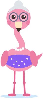 Nana Flo, a flamingo grandma with glasses and pearls