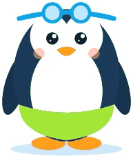 Scout, a penguin with blue goggles and lime green shorts