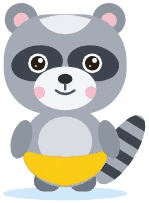 Ziggy, a small raccoon in yellow swim shorts