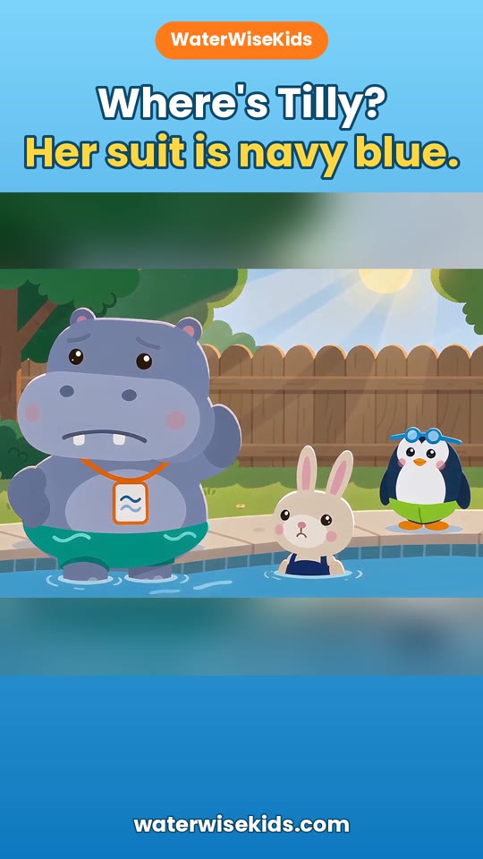 Clip title card: Where's Tilly? Her suit is navy blue. Gus the hippo looks around the pool