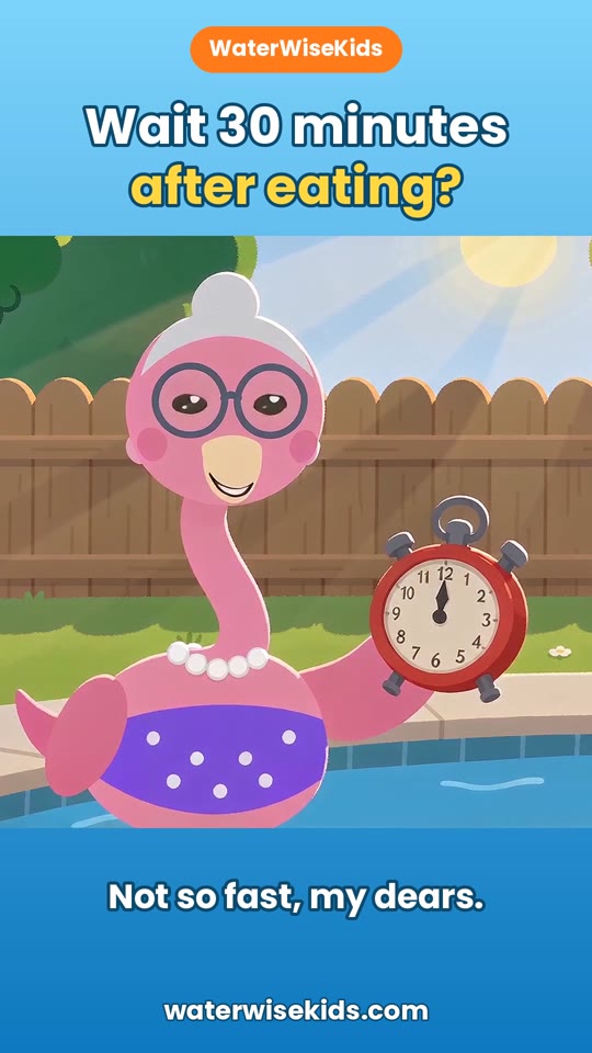 Clip title card: Wait 30 minutes after eating? Nana Flo the flamingo holds a kitchen timer