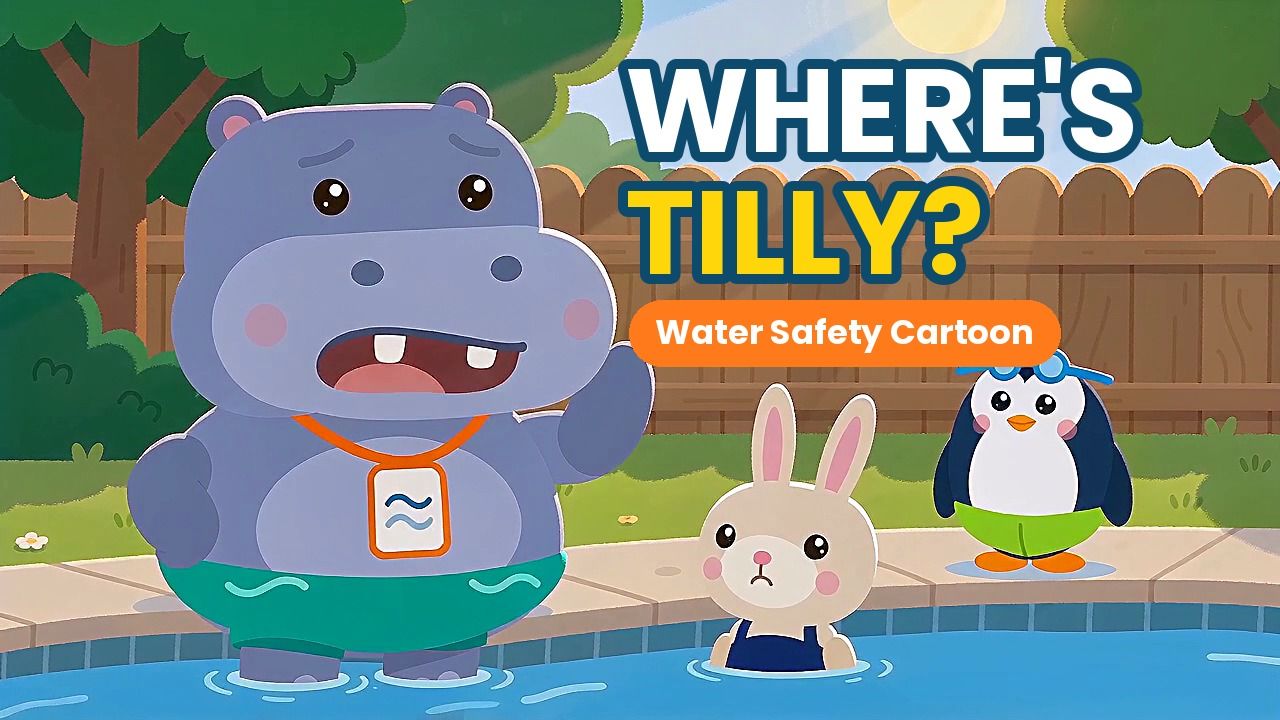 Cartoon scene: Gus the hippo looks for Tilly the rabbit, whose navy swimsuit blends into the pool water