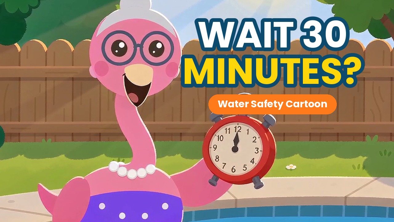 Cartoon scene: Nana Flo the flamingo holds up a red kitchen timer beside a backyard pool