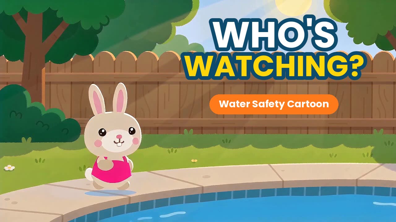 Cartoon scene: Tilly the rabbit in a pink swimsuit walks along the edge of the backyard pool under the words Who's watching?