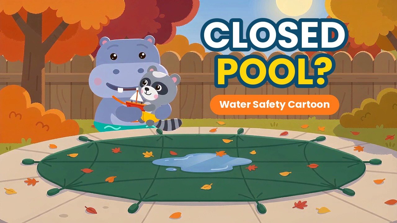 Cartoon scene: Gus the hippo holds little Ziggy the raccoon beside a backyard pool closed for winter, with a puddle on the green cover