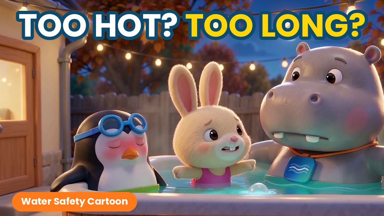 3D cartoon scene: Scout the penguin, flushed and droopy, in a steaming backyard hot tub while Tilly the rabbit looks worried and Gus the hippo opens his eyes