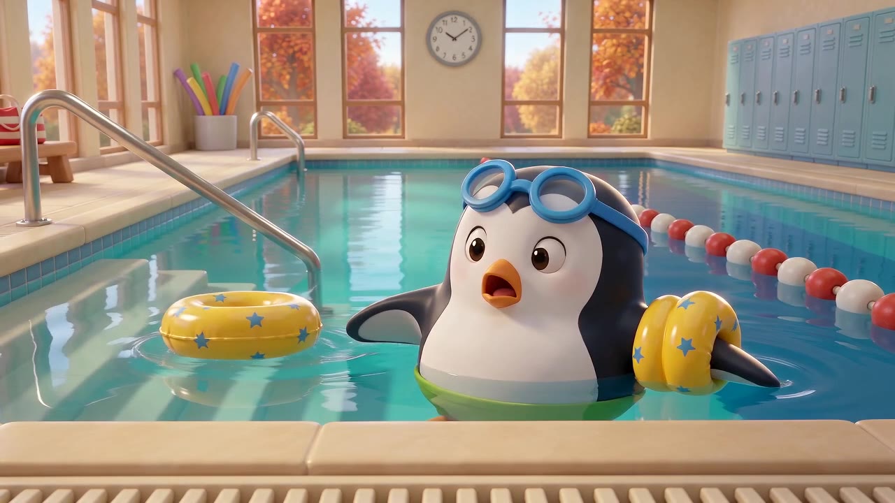 3D cartoon scene: a yellow floatie slides off the flipper of Scout the penguin in an indoor pool